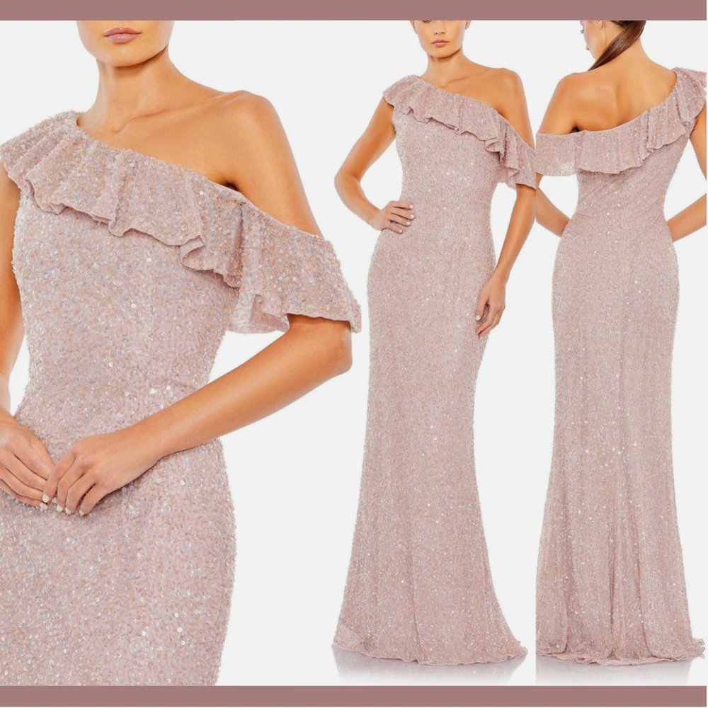 NWT $498 Mac Duggal [ 14 ] Sequined Drop Shoulder Trumpet Gown in Mocha Pink‎